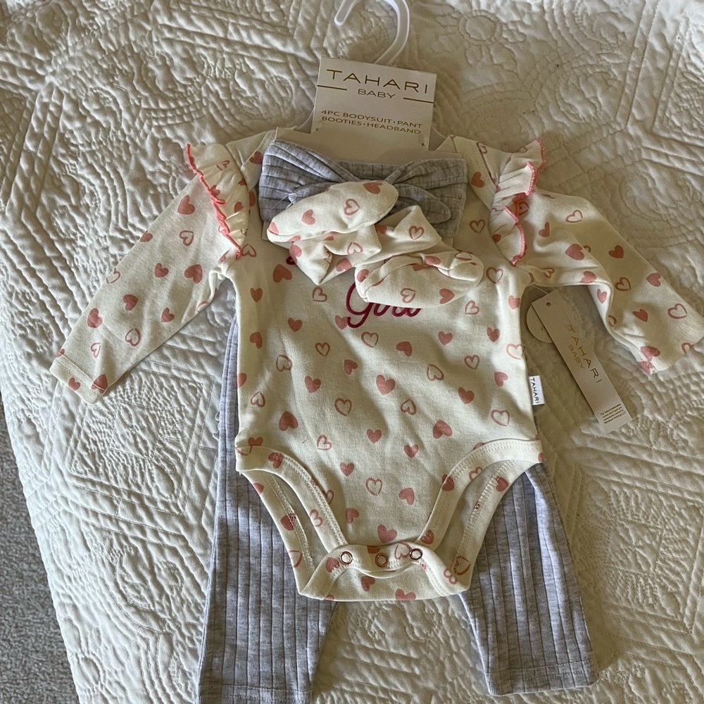 Tahari Baby Cream Bodysuit with Pink Heart Print and Gray Ribbed Bow Set